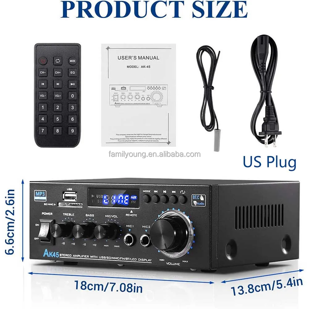 AK45 Digital Amplifier 2 Channel Wireless Stereo Audio HiFi Amplifier Theater Stereo Receiver for Home Speaker FM Radio