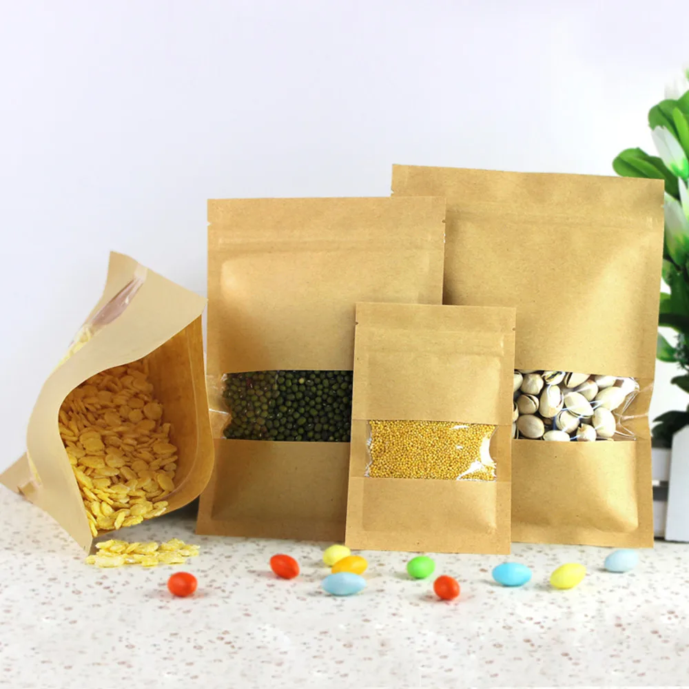 
 Doypack Ziplock Коричневый Белый крафт бумажные стоячие мешки упаковки еды мешки на молнии с окном  