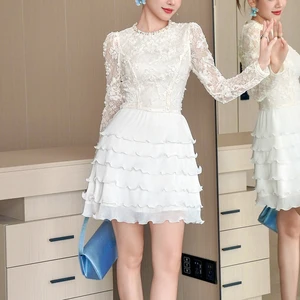 ZYHT 9125 Women's Elegant White Floral Lace Mini Dress with Long Sleeves Tiered Ruffled Hem Women's Clothes Dresses
