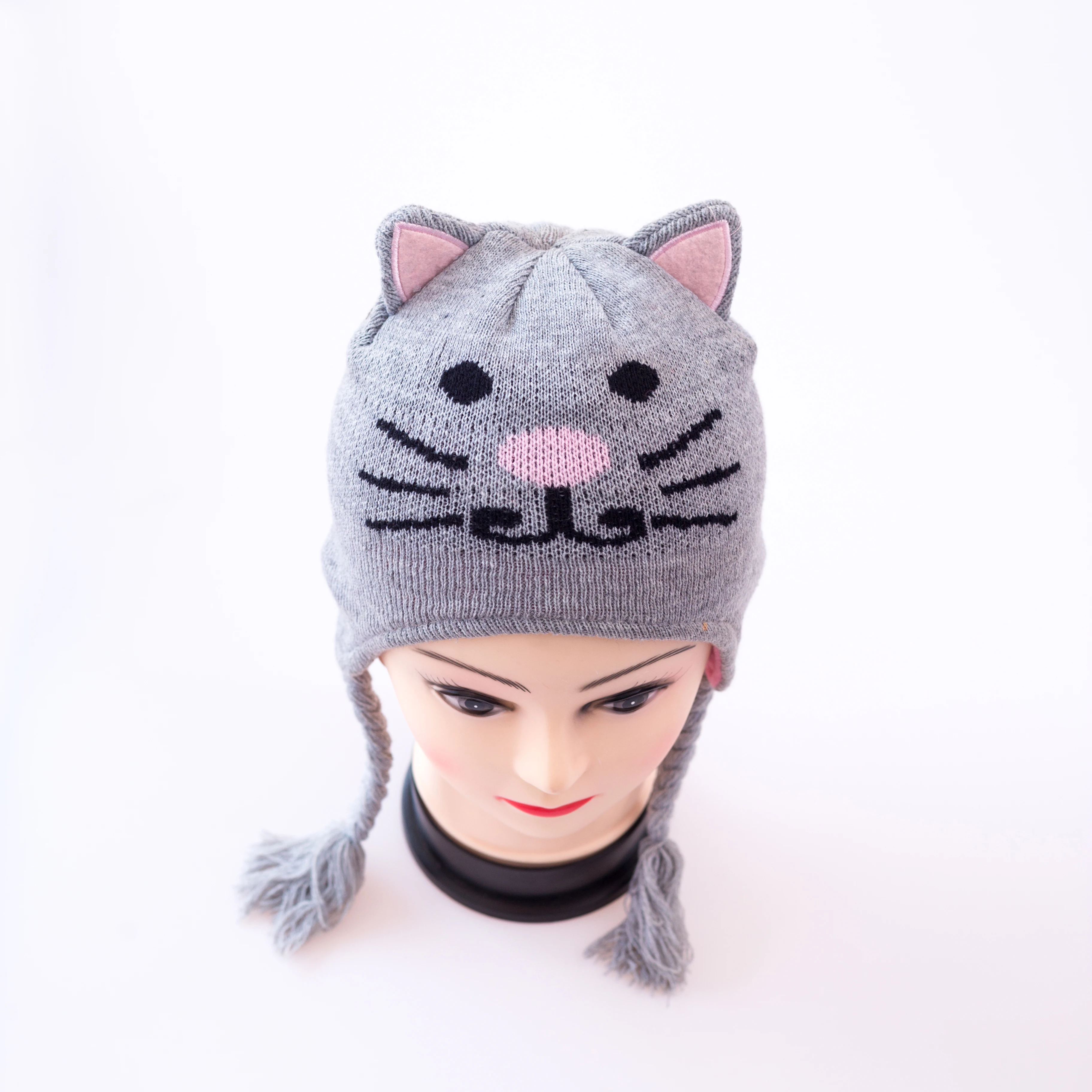 Cute kitten knitted fleece hat autumn and winter ear protection hat scarf hat two-piece set