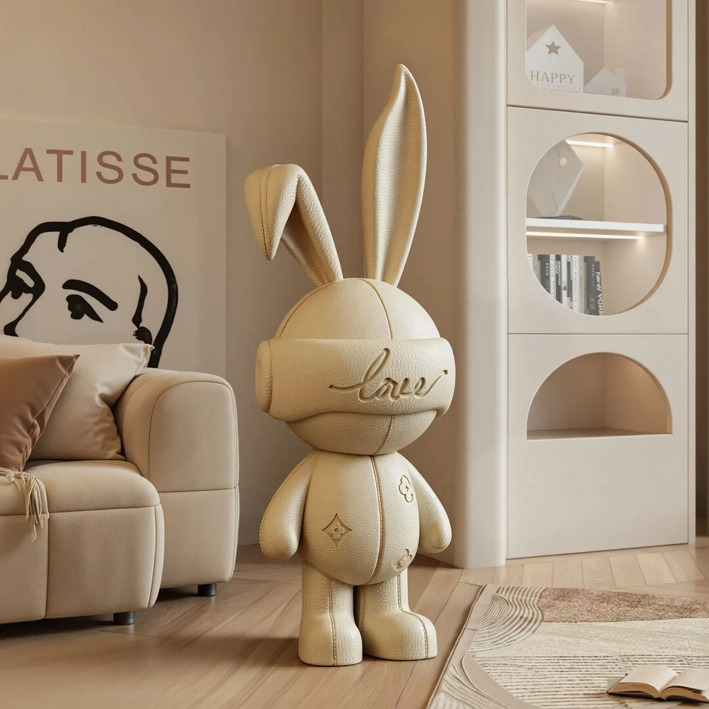 Large Beige Bunny Sculpture with Embossed Details Modern Abstract Floor Statue Home Decor Living Room Entryway Statement Piece