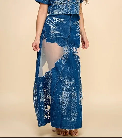 Elegant Avant-garde Burning Flower Denim Long Skirt For Women Ladies Skirt - Image 3
