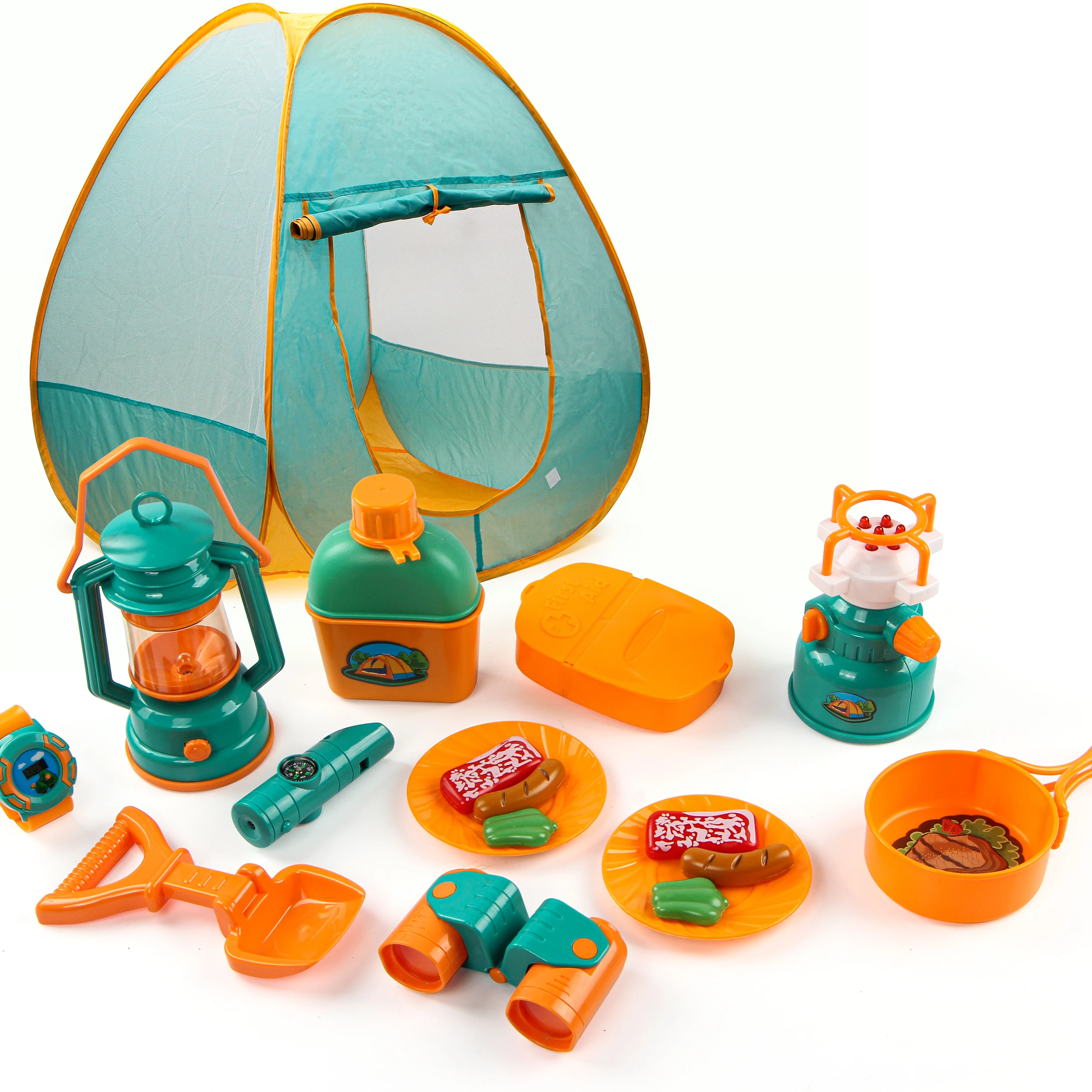 Camp Set Toy for Kids with Toy Tent Camping Lamp Telescope Tableware  Outdoor Camping Kitchen Play Toys Teepee Tent