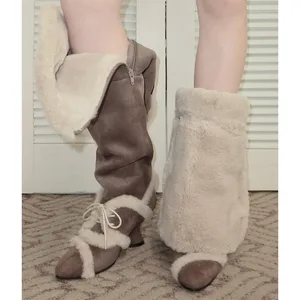 High Quality Long Boots with Fur and Leather Integrated Women's Snow Boots, Winter with Thick Velvet and High Top Cotton Boots