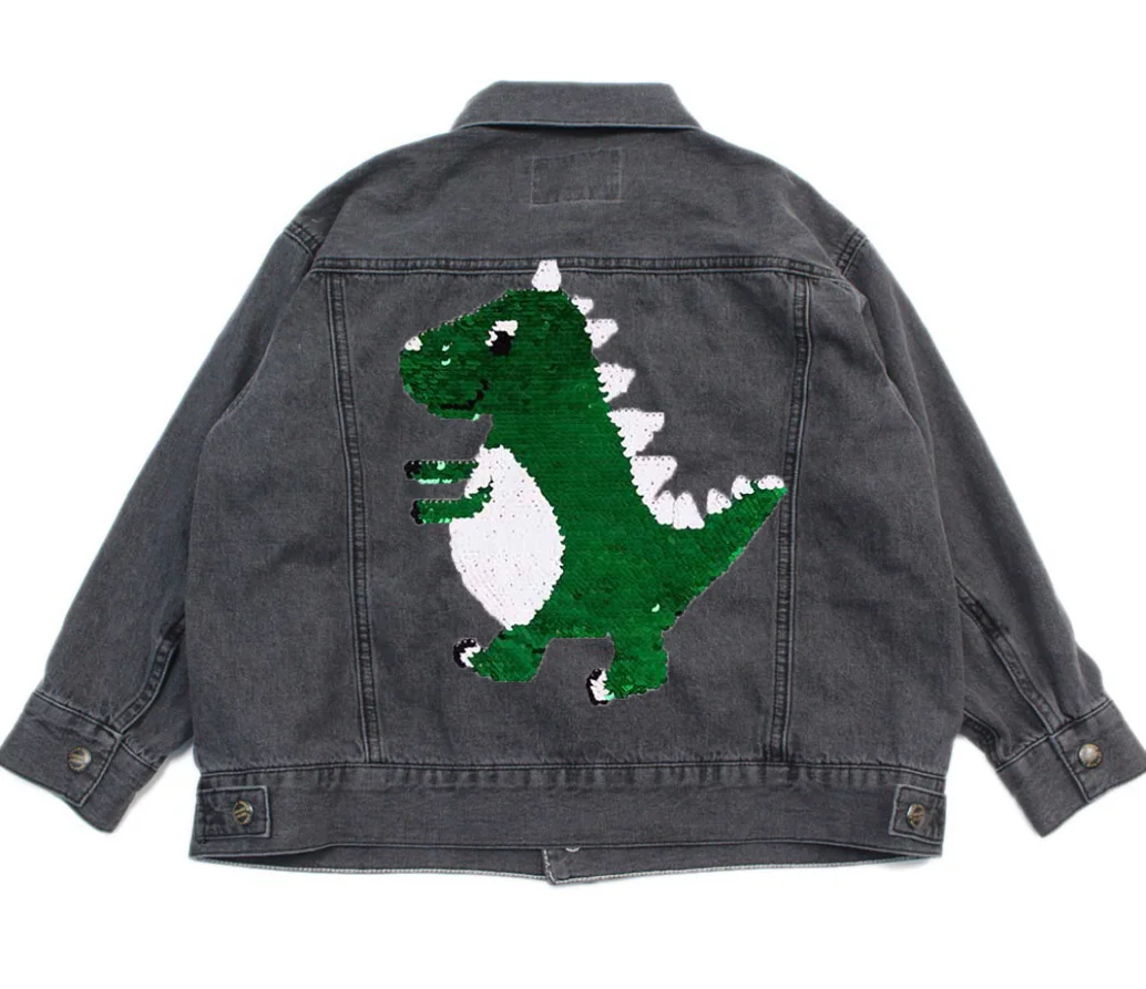 Custom Acid Washed Distressed Dinosaur Tiger Spaceship Astronaut Alien Patchwork Denim Jacket for Kids