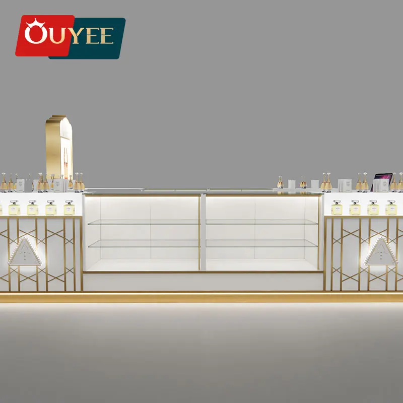 High End Customized Perfume Shop Design Showcase Fragrance Display Counter Gold Stainless Steel Mall Perfume Kiosk With Lighting