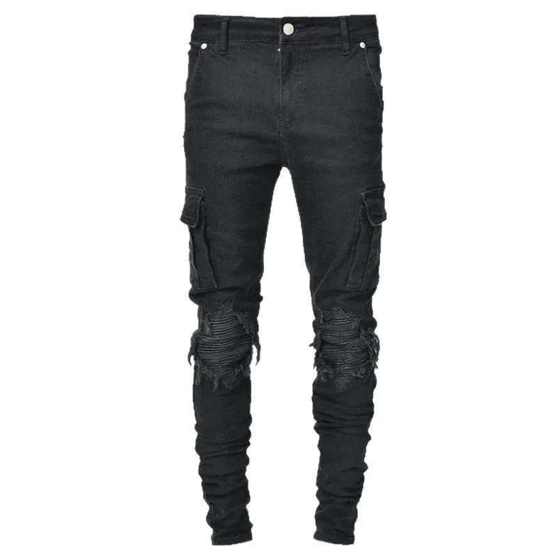 Men's Mid Waist Streetwear Denim Slim Fit Skinny Cargo Jogger Pants Korean Style Multi-Pocket Trendy Ins