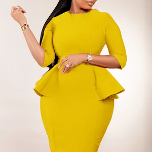 2026 New Fashion Spring Collection Lady's Solid Color Ruffled Buttock Dress Chiffon Knitting Print Natural Crystal Button for