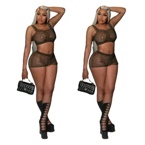 New Leopard Print Mesh Elastic Vest Shorts Women's Set