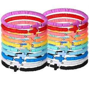Landical 30/50 Pcs Cross Bracelets Bulk Handmade Elastic Colorful Natural Stone Beads Religious Christian Women Kid China