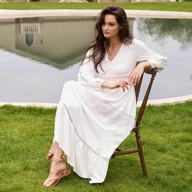V Neck Lace Boho Dress Flowy Fall Wedding Party Guest Dresses Long Sleeve  Maxi White Dresses for Woman Elegant| Alibaba.com