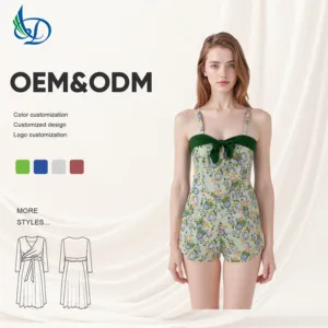 Chic Green Pink Floral Square-Neck Sleeveless Loose Midi Dress Casual Style Summer Garden Parties Woven Button Decoration OEM