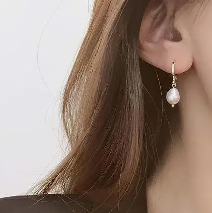 Gold Huggie 14K Gold Plated Hoop Earrings 8-9mm White Natural Baroque Pearl Drop Earrings