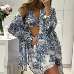 2025 Summer Casual Long Sleeve Button Print Fashion Shirt with Shorts Suit Women's Retro Ink Shirt Three-piece Shorts Suit