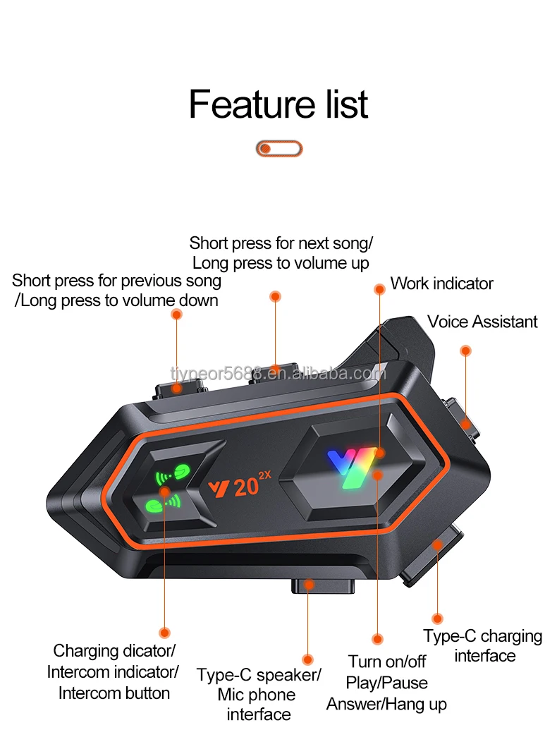 product tiypeor motorcycle helmet bluetooth interconnect earphone long battery headset for 2 riders 1000 meters intercom waterproof ipx6-10