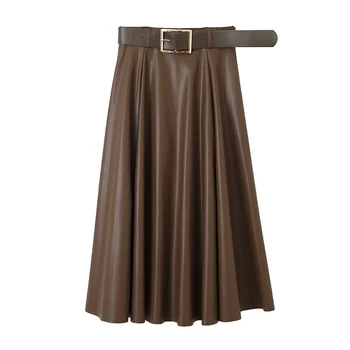 High Quality 2022 Spring Elegant Belt Zipper PU Maxi Midi Long Pleated Skirt Women Leather Skirt
