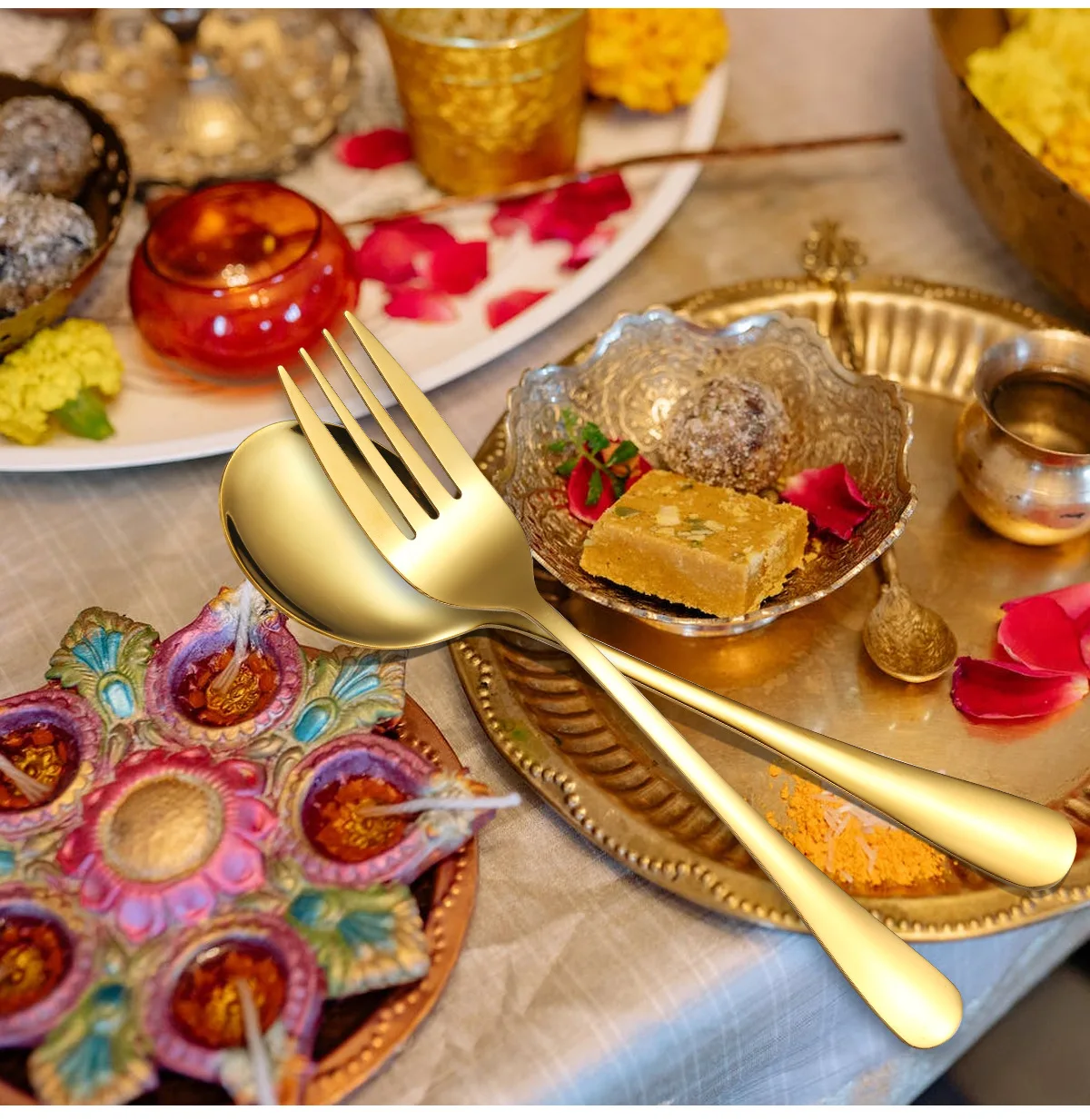 product large golden metal serving spoons slotted kitchen utensils stainless steel serving spoons serving forks cake spatulas-2