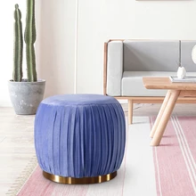 Customized Upholstered Vanity Footstool Dressing Chair Space Saving Round Velvet Footrest Stool Ottoman With Golden Metal Leg