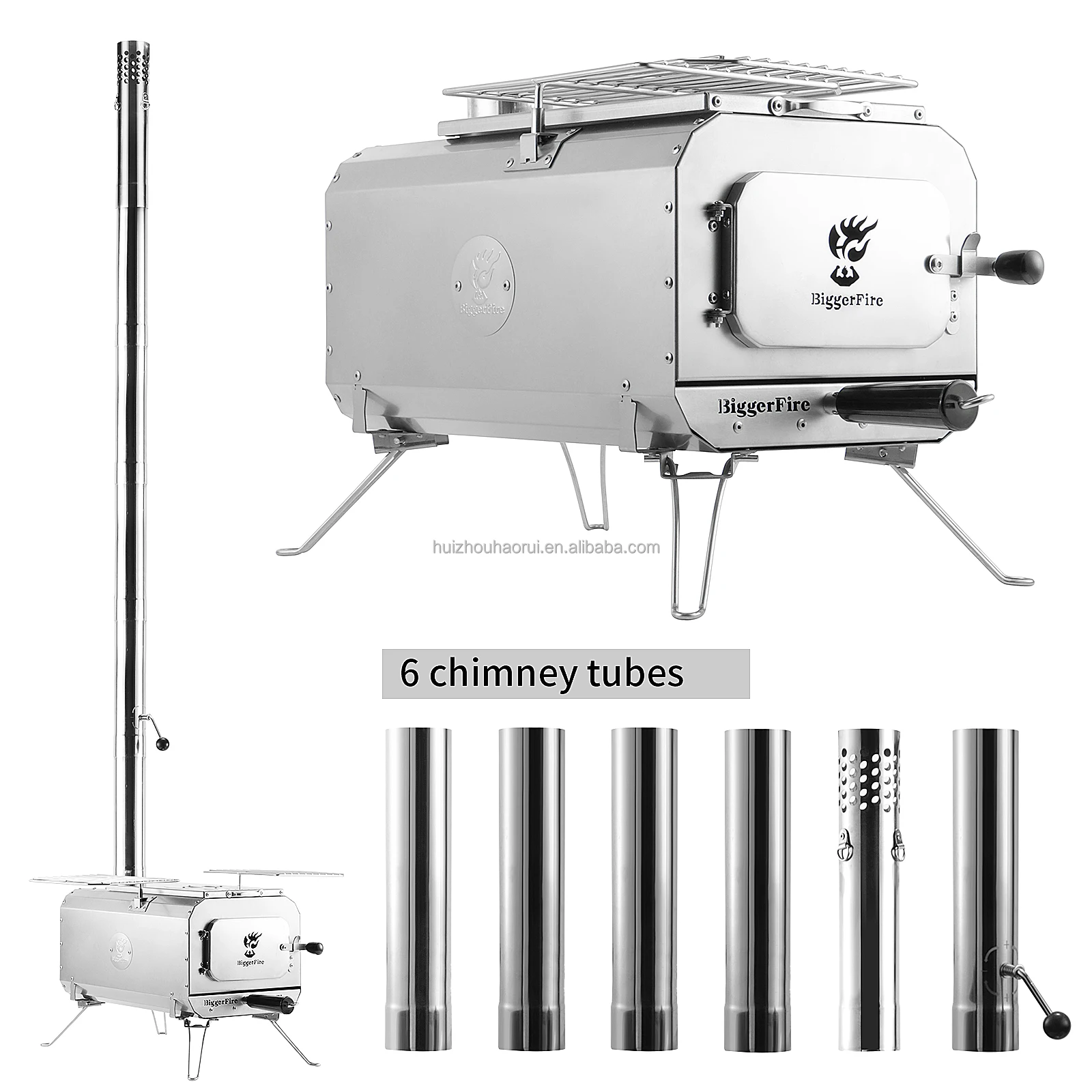 Réchaud à Bois Portable Pliable - Poêle Camping Acier Inox Avec 5 Tuyaux Cheminée Et Gants, Pour Cuisine Et Chauffage