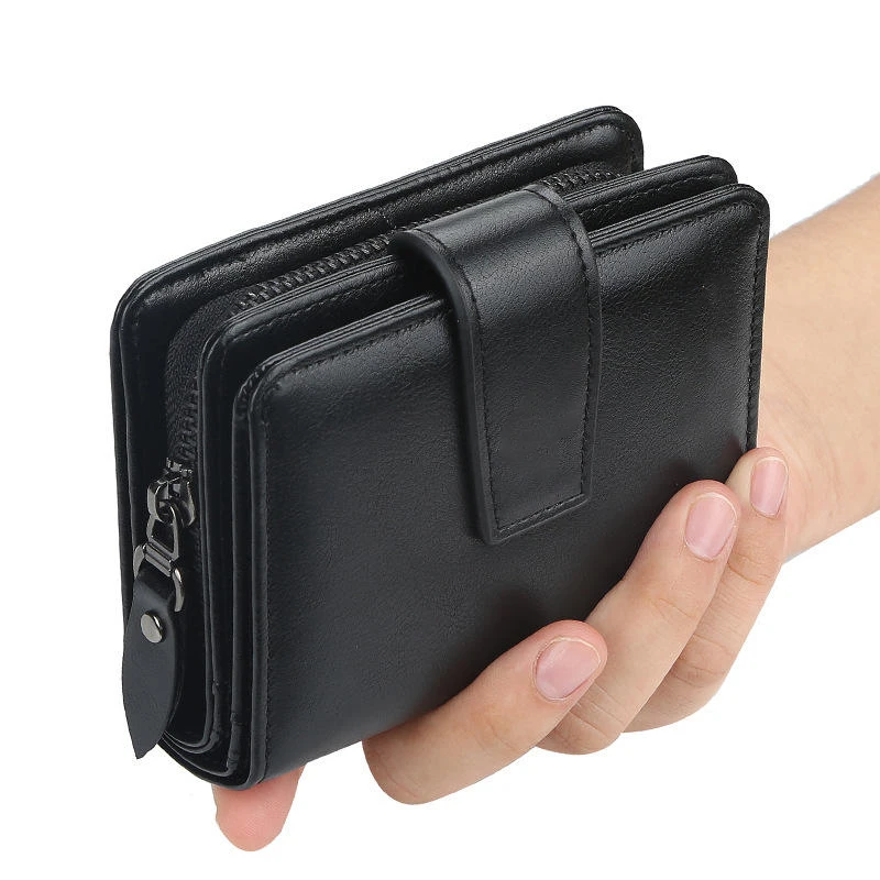 Классический черный кошелек с отделением для наличных, многофункциональный мужской короткий бумажник на молнии с вертикальной пряжкой и отделением для монет