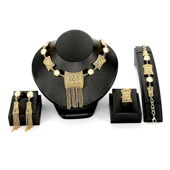 4Pcs/set Hollow Tassel Jewelry Sets Women Indian African Necklace Amazing Price Wedding Jewellery For Brides Dubai Gold Gifts