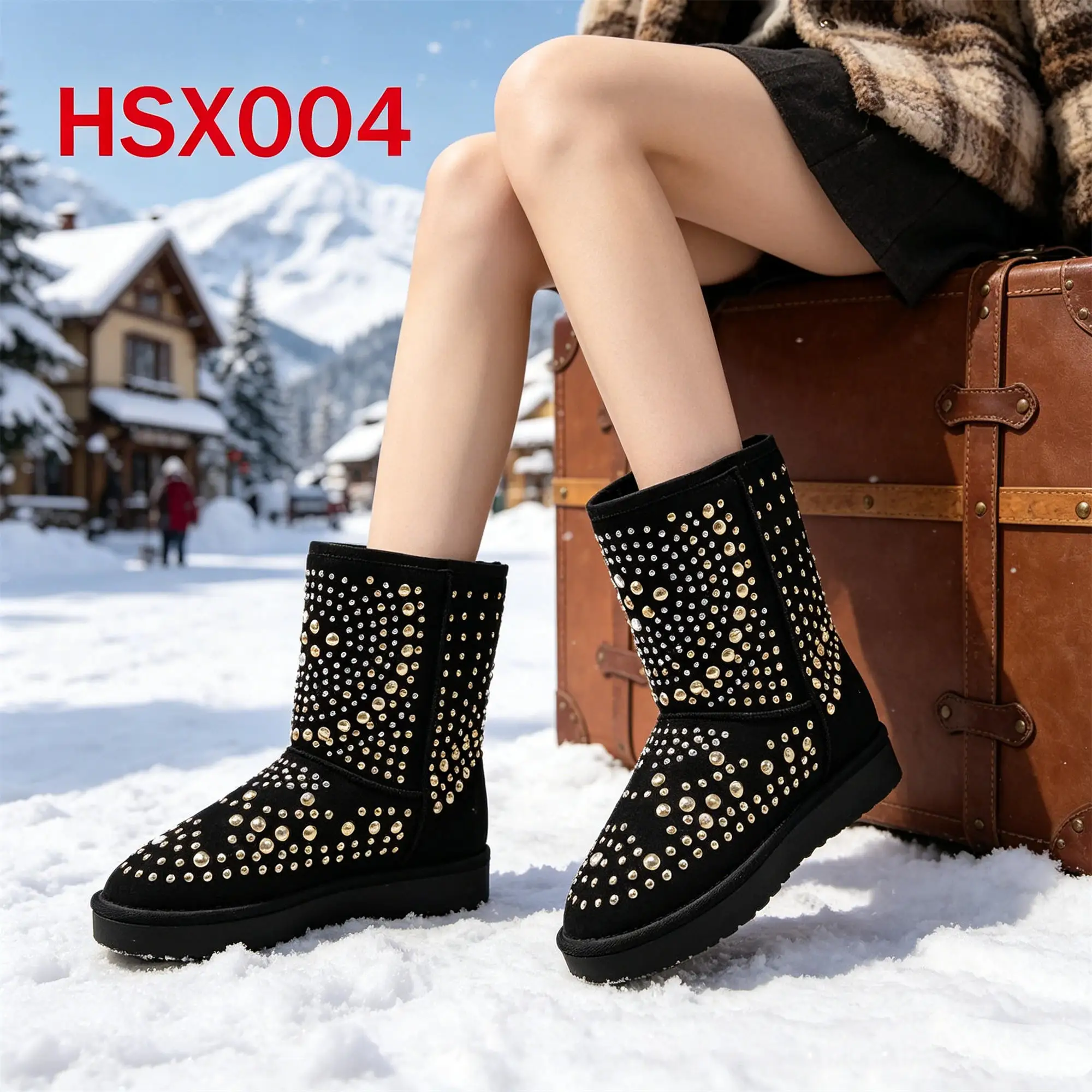 ZYF,Outdoor Warmth Anti-skid TPR Outsole Women Snow Boots Winter Carnival Sparkling Diamond Design Black Winter Boots HSX004