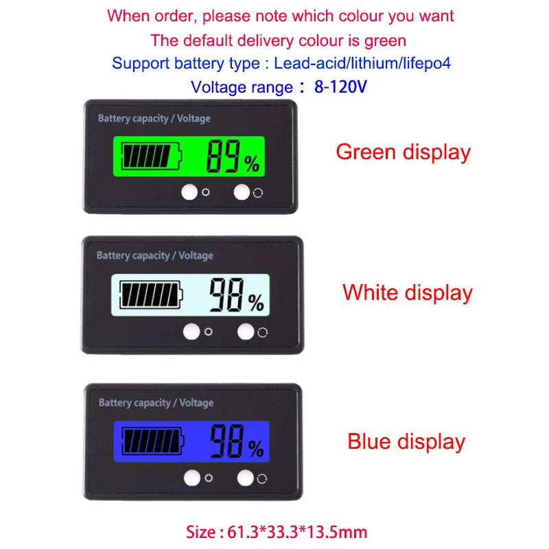 36V Battery Capacity Voltage Meter 0-179℉ Temperature Monitor 12V 24V 36V 48V Lead Acid Battery Lithium Battery Gauge Meter 