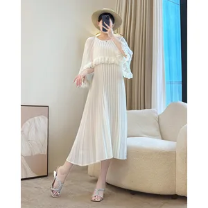 Miyake Pleated Dress  Elegant Ruffle Cape Sleeve A-Line Women's Dress Soft & Flowy Design Party & Evening Dress