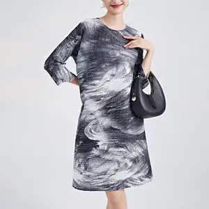 Miyake Women's Pleated Midi Dress Vintage Style Print Loose Elastic Stretch Black White Plus Size for Summer