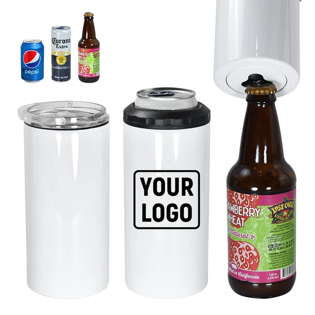 2024 popular 4 in 1 insulated double wall stainless steel beer tumblers 16oz sublimation can cooler with bottle opener dual lid