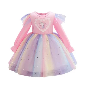 Spring Autumn Formal Solid Long Sleeve Knee-Length Pastel Ball Gown Party Girls Dresses for 2 to 14 Years