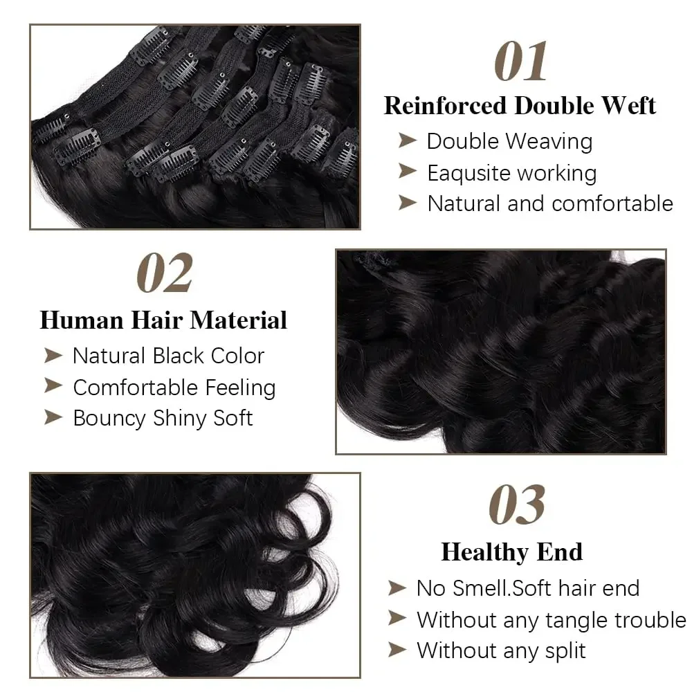 Body Wave Clip-In-Extensions aus Echthaar, natürliche Farbe Nr. 1B, brasilianische Echthaar-Extensions zum Anklipsen, 120 g/Set_voghion.com