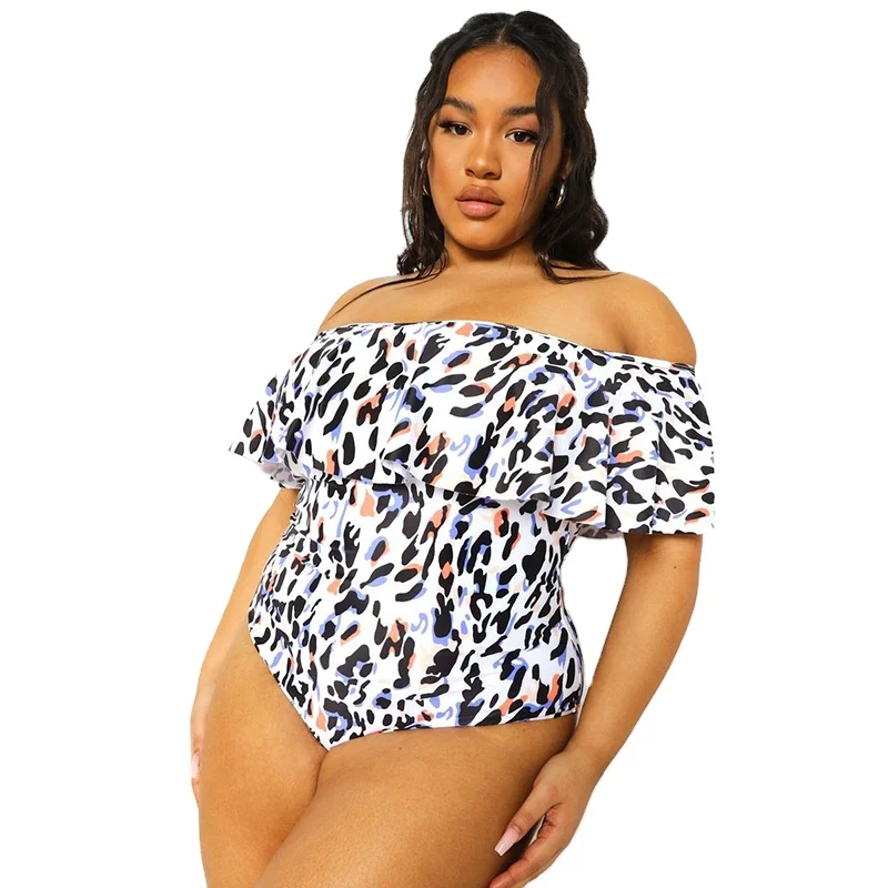 Off Shoulder Full Leopard Print Plus Size Swimsuit