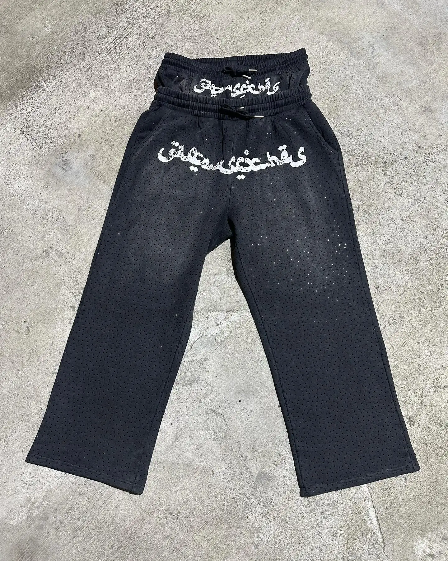 Custom Cotton French Terry Rhinestone Sun Dye Vintage Sweat Jogger Track Pants Acid Wash Double Waisted Flared Sweatpants Men