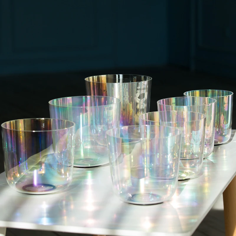 6-8 дюймов 432 Гц Космический свет 7 шт. в наборе прозрачная кварцевая Хрустальная Поющая чаша с подсветкой Авроры для звуковой