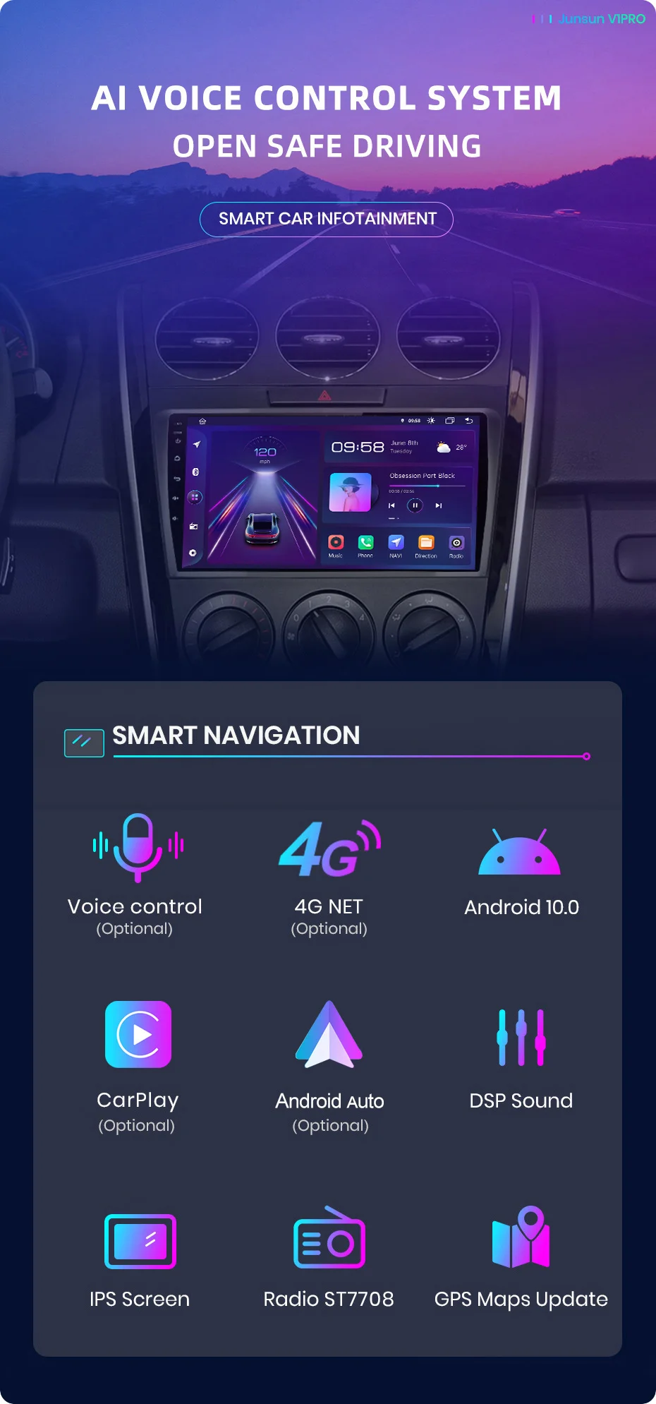 Junsun V1 Ai Voice 2 Din Android Auto Radio For Mazda Cx7 Cx7 2008