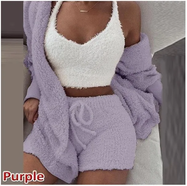 Autumn And Winter Women's Double Sided Plush Home Clothes Loose Knit Pajamas Sexy Women's Sweater Vest Fluffy  3cs Pajama