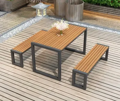 JXT Plastic Wood Outdoor Tables and Chairs Garden Terrace Negotiation Tables and Chairs Iron Bench Outdoor Table