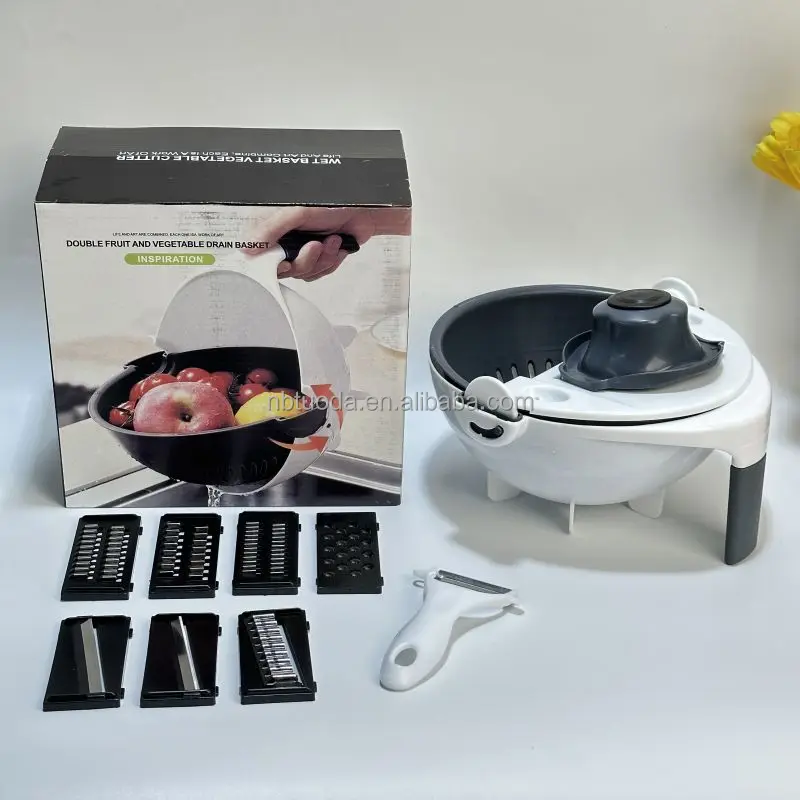 Factory Wholesale 9 in 1 Manual Rotate Veggie Slicer Grater Multifunctional Vegetable Chopper Cutter with Drain Basket