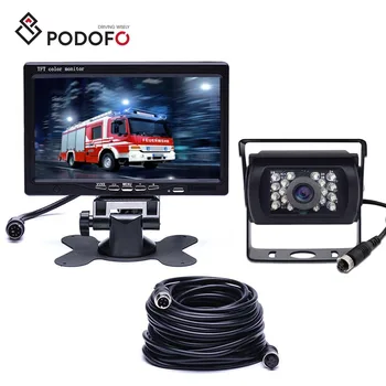 Podofo Car Reversing Aid 4 Pin Rear View Camera 18 IR Night Vision 7" Car Monitor + 10M Video Cable For RV Truck Bus Van