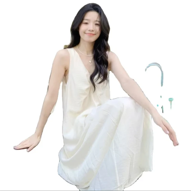 High Quality Summer Sleeveless A-Line Loose Long Dress Korean Style Cute Pattern Sweet Style for Leisure Vacation Beach Travel