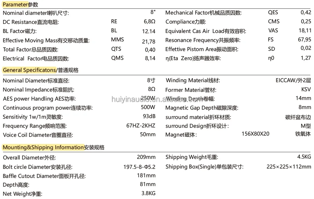 product super slim 8 inch car audio speaker 850 088 250w rms 2 inch coil carbon cone ultrathin mid bass subwoofer portable-2