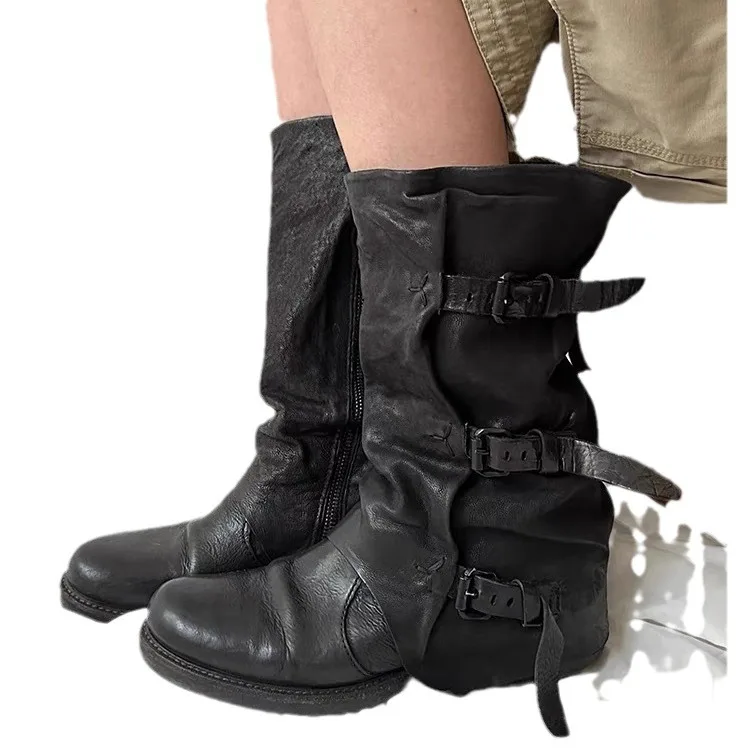 Ladies Vintage Fashion Short Boots Buckle Straps Winter Genuine Leather With Zipper Women Mid-calf Knee High Boots - Image 5