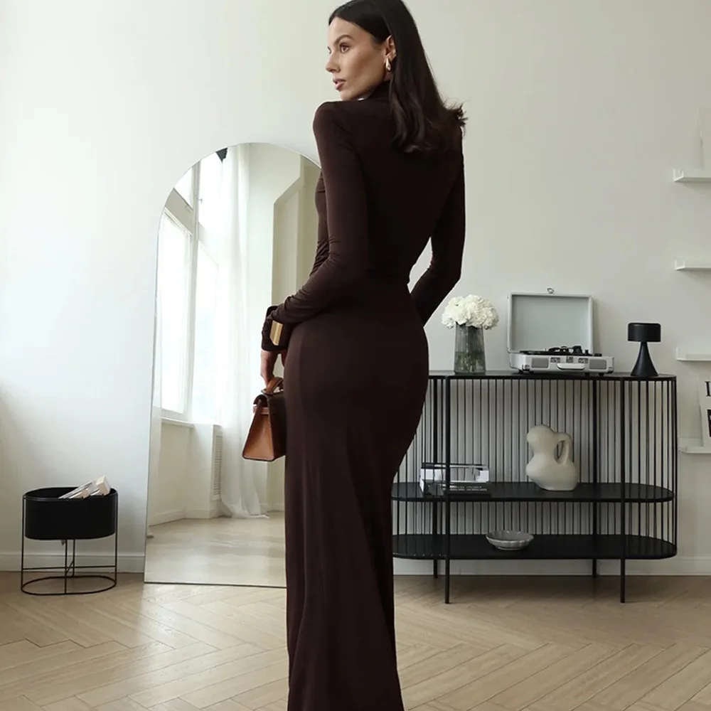Winter Fashion Women's Turtleneck Long Sleeve Tie Waist Straight Casual Solid Color Dress thumbnail