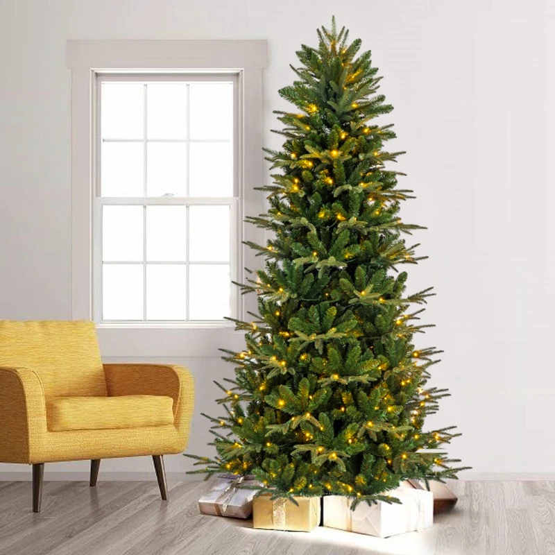 Wide Tree Girth 5/6/7FT Slim Pvc Pe Mixed Kerstboom Arbol De Navidad Hinged Green Artificial Christmas Tree With Leds