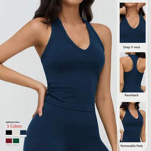 Women Cloud Feel V Neck Racerback Beauty Back Yoga Vest With Chest Pad for Workout Running Fitness Outdoor Training