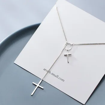 Two Cross Pendant Necklace 925 Sterling Silver Plated Silver Necklace for Men Women Cuban Chain Crucifix Pendant Necklace Cross