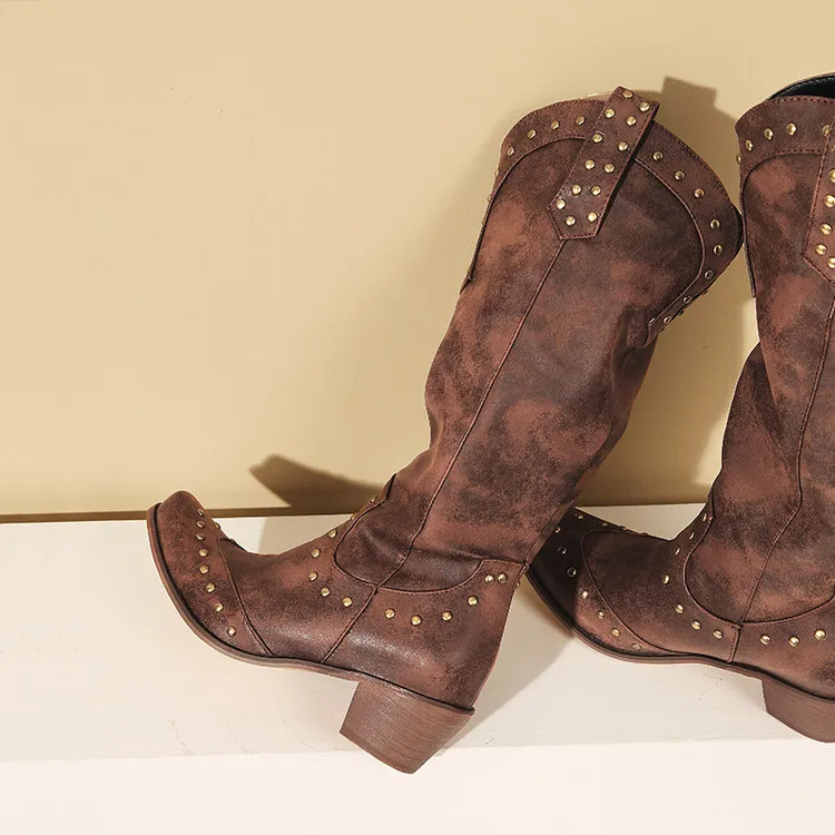 Women Low Heel Studs Design Outdoor Knee High Boots Cowgirl Large Wide Size Vintage Women Suede Western Cowboy Boots - Image 2