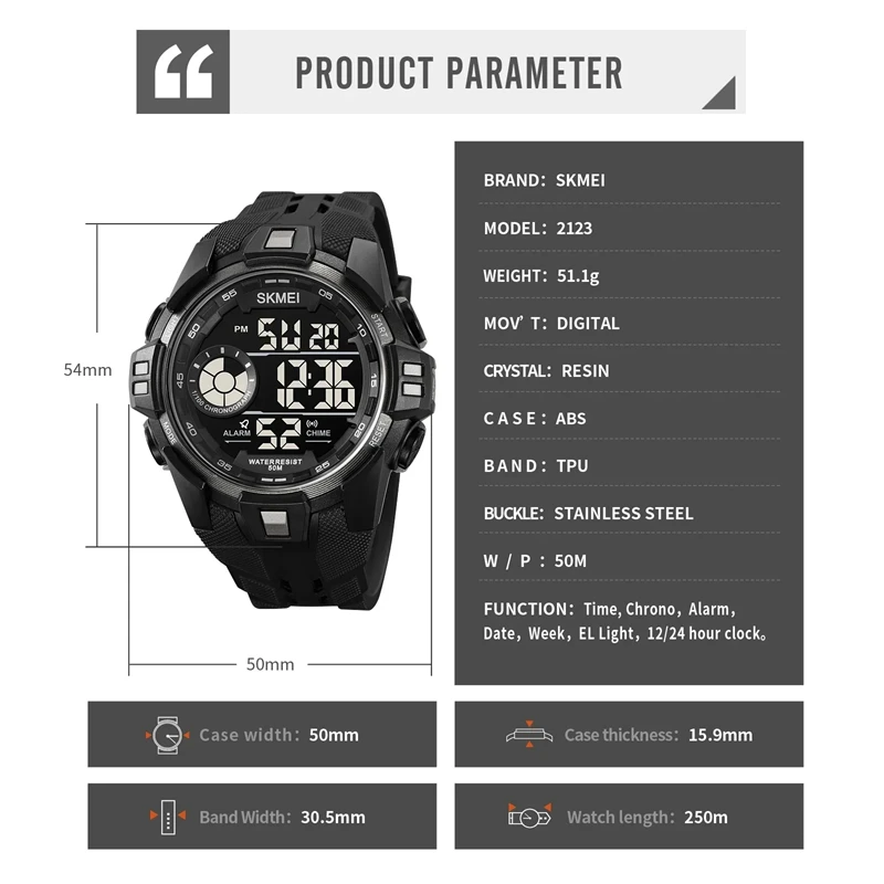 SKMEI 2123 japon mouvement numérique chronomètre montres de sport hommes  Date réveil décontracté rétro-éclairage affichage étanche montre-bracelet