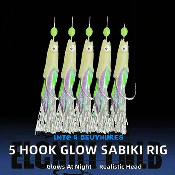 5 Hooks Plastic Sabiki Rigs Saltwater Fishing Lures Bait Rigs Real Fish Head String Hook Mackerel Glow Dark Flash – Hooks – view 3